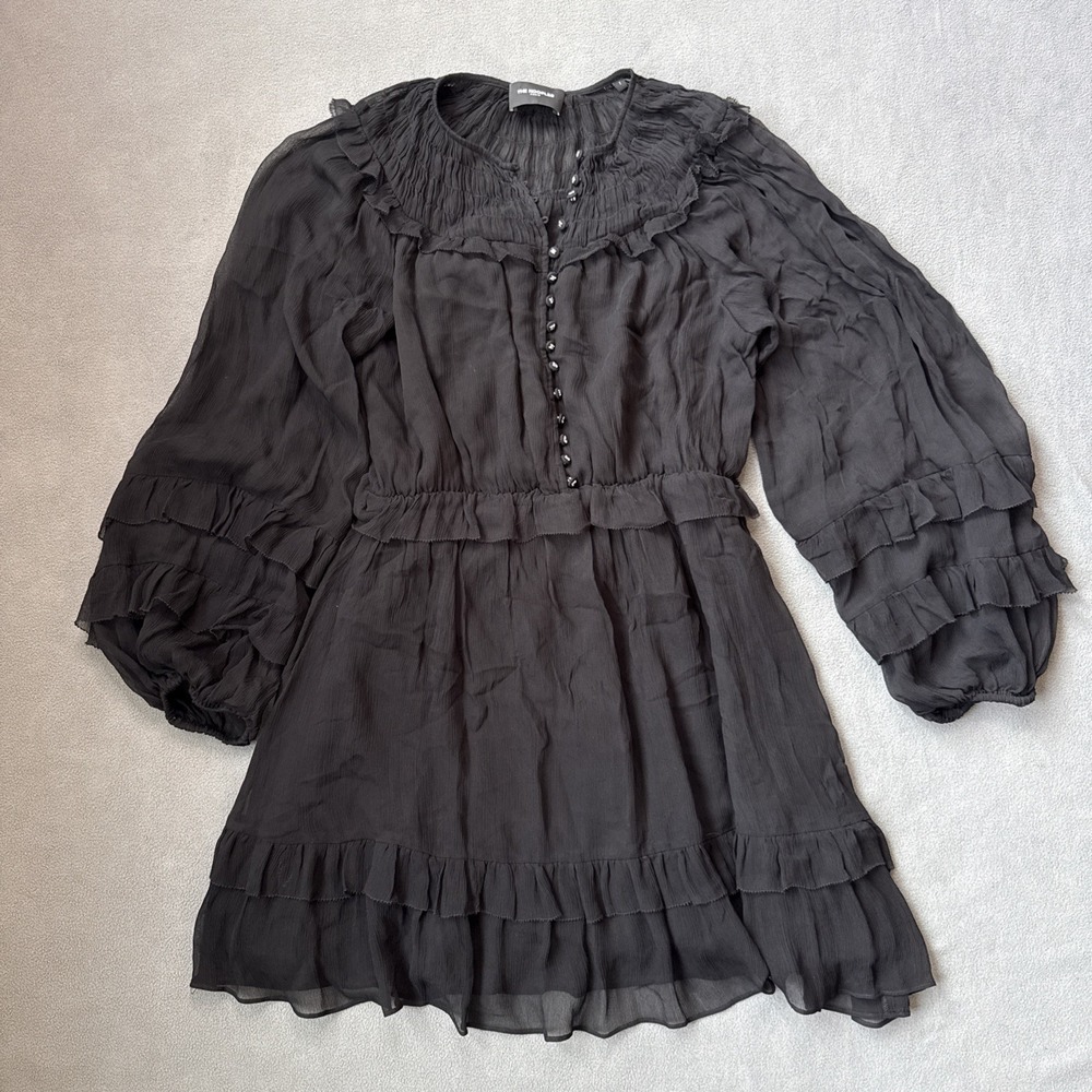 Kooples Dress Womens Small Black Mini Sheer Baloon Sleeve Smocked Neckline Lined
